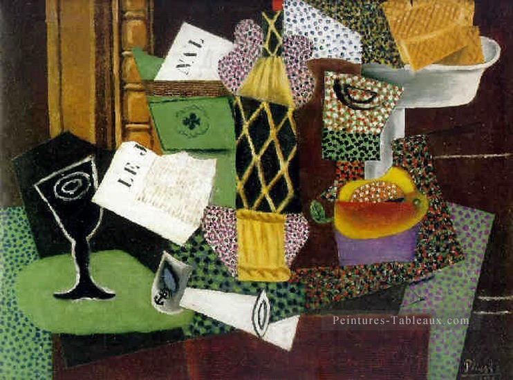 Verre et bouteille rhum empaillee 1914 cubiste Pablo Picasso Peintures à l'huile